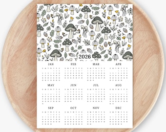 2026 Calendar Print | Mushroom Doodles At A Glance Unframed Art | Cottagecore Office Wall Decor