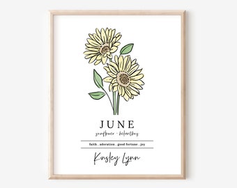 June Sunflower Birth Flower Personalized Name Art Print | Custom Gift for Birthdays | Nursery Wall Decor | Floral Wall Decor