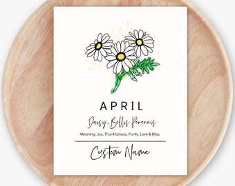 April Birth Flower Daisy Personalized Name Unframed Art Print | Gift for Birthdays | Nursery Wall Decor