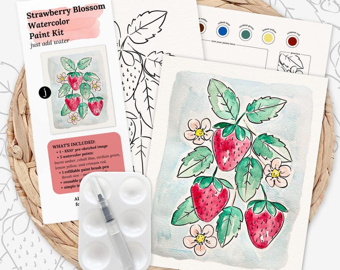Featured listing image: Strawberry Blossom Watercolor Paint Kit | Pre-Sketched Art Set Gift, Family Paint Party, Date Night