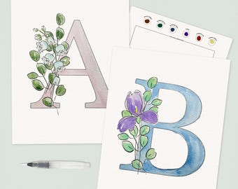 Custom Birth Flower Initial Watercolor Paint Kit | Brush + Paints | Just Add Water Art Kit