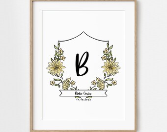 Birth Flower Initial Crest Print | Custom Name Monogram Art | Personalized Gift