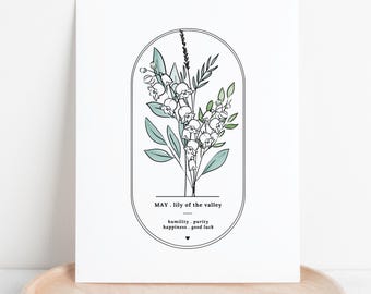 May include: A white rectangular print featuring a black line art illustration of lily of the valley flowers with soft green leaves inside an oval frame. Text reads: MAY . lily of the valley, humility . purity, happiness . good luck.
