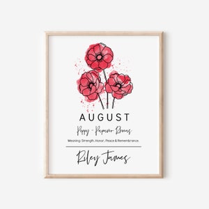 Personalisierter August Geburtsmonat Blumenmohn Digital Printable Geburtsmonat Floral inspiriertes Geburtstagsgeschenk Bild 1