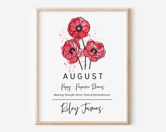 Personalized August Birth Month Flower Poppy Digital Printable | Birth Month Floral Inspired Birthday Gift