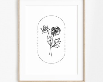 March & November Birth Flower Printable | Simple Line Art | Daffodil Chrysanthemum