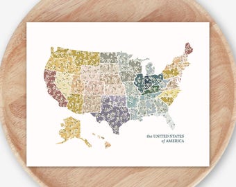 USA Map Print Floral Decor | Cottagecore Americana Travel Poster