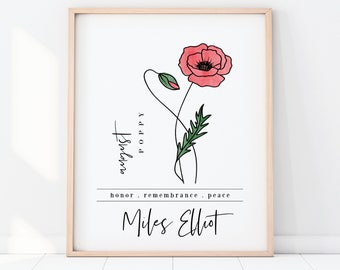 Nombre personalizado: Flor de nacimiento de agosto, Amapola / Imprimible digital personalizado / Regalo de cumpleaños inspirado en el jardín