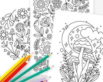 10 Pk Shrooms & Blooms Coloring Pages | Hand-Drawn Mushroom Floral Printable Coloring Sheets | Mindful and Relaxing