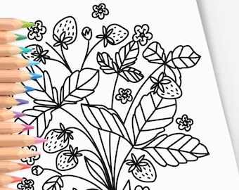 Strawberries | Hand-Drawn Digital Coloring Page | Cute Fruit Printable Color Sheet