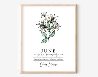 June Honeysuckle Birth Flower Personalized Name Unframed Art Print | Custom Gift for Birthdays | Nursery Wall Decor | Floral Wall Decor