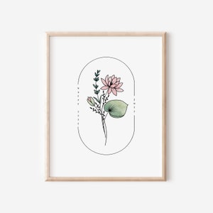 Flor de nascimento em julho Nenúfar | Arte simples com moldura oval em aquarela para impressão | Presente inspirado no jardim