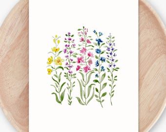 Hand Painted Wildflower No. 3 | Pink, Blue, Yellow, Purple Wildflower Art Print | Floral Wall Decor