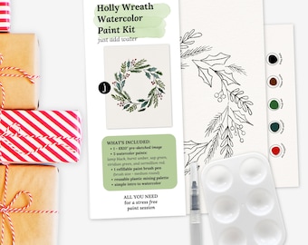 Holly Wreath Watercolor Paint Kit | Pick Your Pack 2, 4, 8, 10, 12 Packs | Pre-Sketched Winter Holiday Art Set for Paint Party