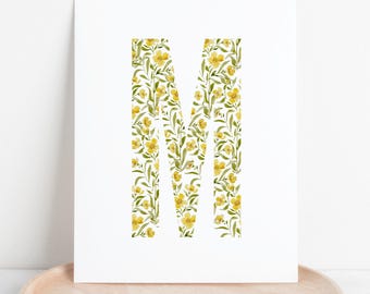 Buttercup Initial Art Print | Yellow Floral Monogram Letter Wall Decor