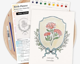 Birth Flower Watercolor Paint Kit | You Pick Pre Sketched Brush Palette + Paints | All In One Art Set