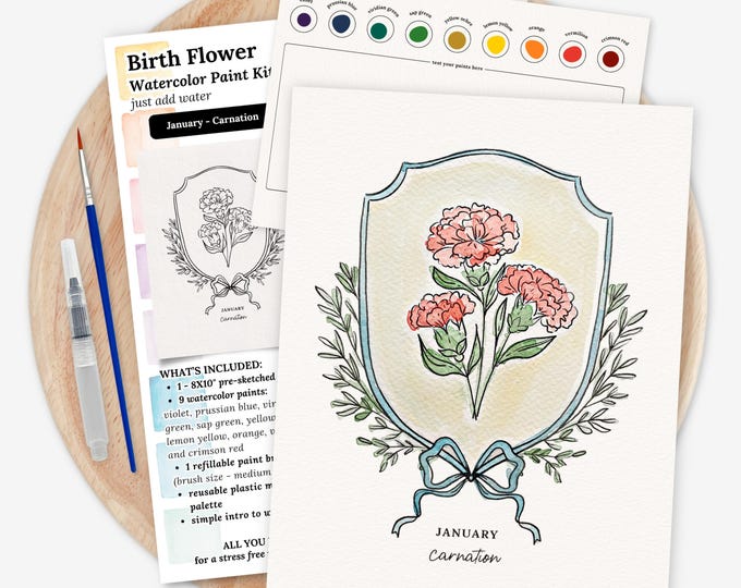 Featured listing image: Birth Flower Paint Kit | You Pick Pre Sketched Brush Palette + Paints | Watercolor Gift Paint Party