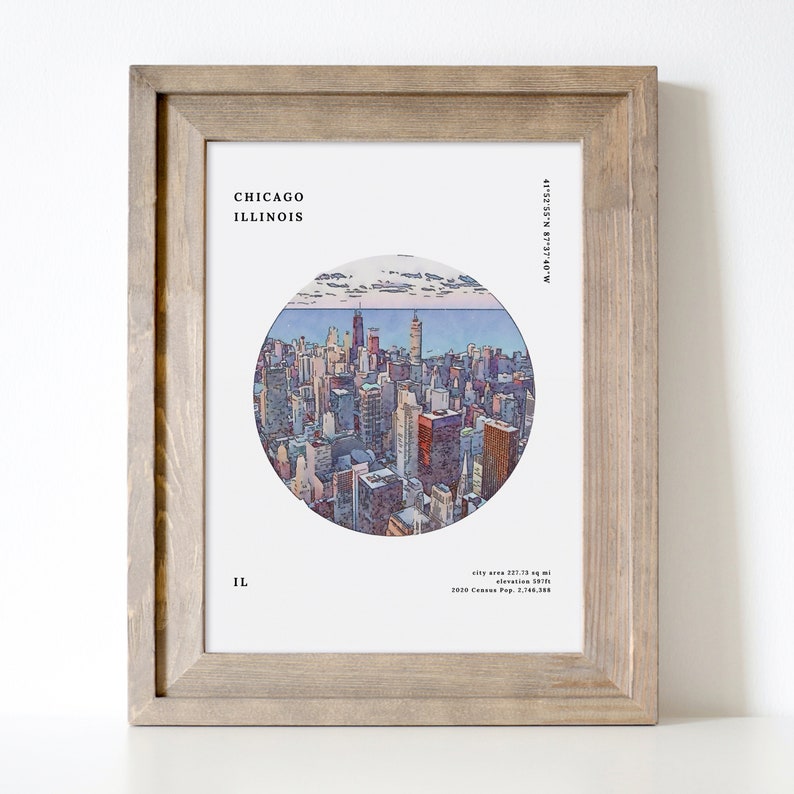 Chicago Illinois Cityscape Facts & Watercolor Illustration Etsy