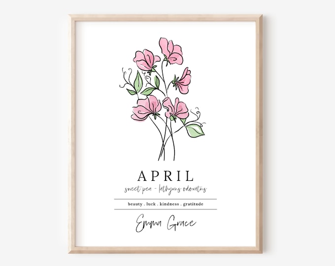 April Sweet Pea Birth Flower Personalized Name Unframed Art Print | Custom Gift for Birthdays | Nursery Wall Decor | Floral Wall Decor