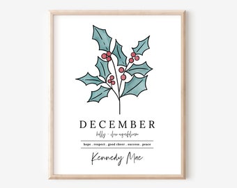 December Holly Birth Flower Personalized Name Unframed Art Print | Custom Gift for Birthdays | Nursery Wall Decor | Floral Wall Decor