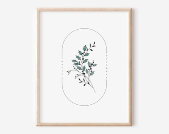 December Birth Flower Holly | Watercolor Oval Frame Simple Art Printable