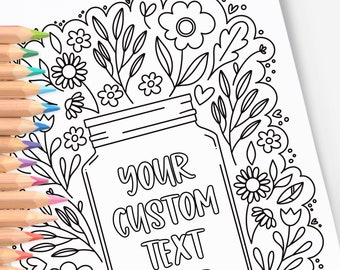Custom Text Flower Jar Coloring Page | Hand-Drawn Coloring Page Print & Color | Digital Printable
