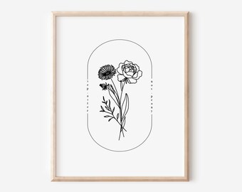 September & November Birth Flower Printable | Aster Peony Floral Line Art | Wedding Couples Gift