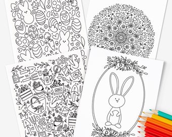 4 Pk Easter Printable Coloring Pages Digital Color Sheets | Hand-Drawn Spring Flower Bunny Egg Illustrations