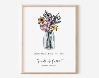 Birth Flower Bouquet Art Print | Up to 6 Names & Flowers | Gift for Mom and Grandma Family Flower Bunch