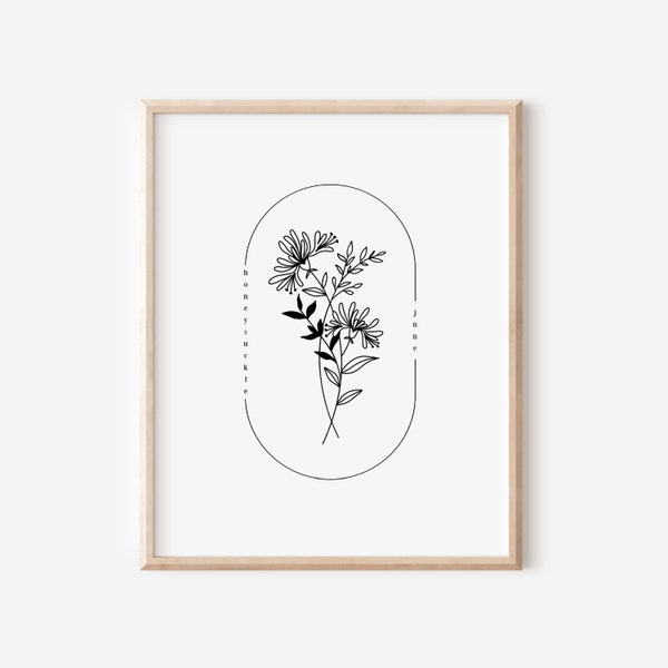 June Birth Flower Honeysuckle | Oval Frame Simple Line Art Printable | Nature Inspired Birthday Gift