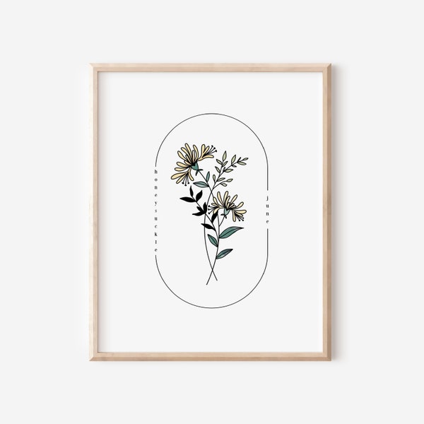 June Birth Flower Honeysuckle | Watercolor Oval Frame Simple Art Printable