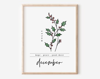 December Holly Birth Flower Digital Art Printable | Floral Inspired Art Print | Dec Birthday Gift