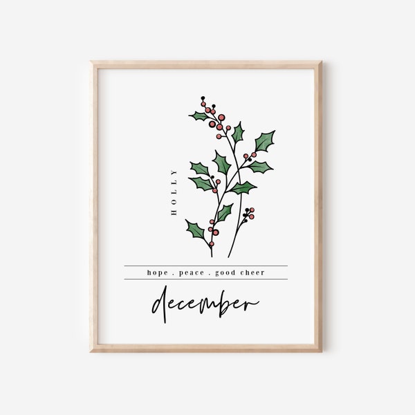 December Holly Birth Flower Digital Art Printable | Floral Inspired Art Print | Dec Birthday Gift