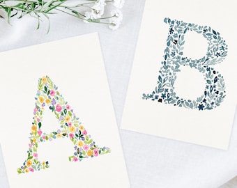 Hand Painted Wildflower Letter Art Monogram Floral Watercolor Print | Custom Botanical Initial Wall Art