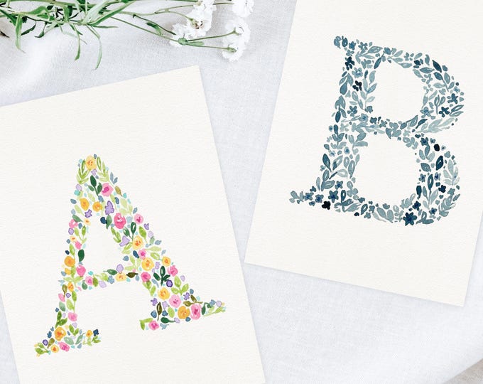 Featured listing image: Hand Painted Wildflower Letter Art Monogram Floral Watercolor Print | Custom Botanical Initial Wall Art