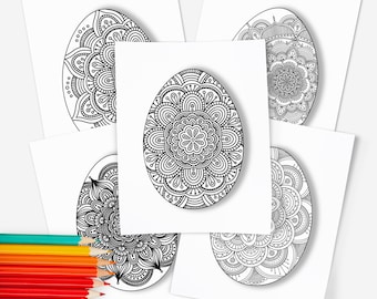 10 Pk Mandala Egg Printable Coloring Pages Digital Color Sheets | Hand-Drawn Easter Floral Mandala Pattern Illustrations