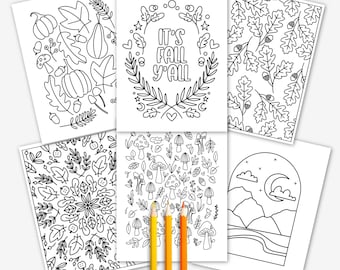 10 Pk Fall Coloring Printable Pages | Hand-Drawn Autumn Cottagecore Digital Coloring Sheets | Mindful & Relaxing