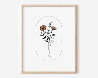 October Birth Flower Marigold | Watercolor Oval Frame Simple Art Printable