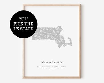 YOU Pick 1 US States USA Map Patterned State Print | Spring Blossom Branch in Light Gray