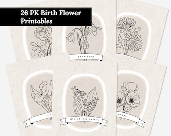 26 Pk Birth Flower Bundle Printables | 12 Months Floral Line Art Illustrated Antique StyleDigital Wall Decor