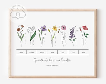 7 Names Personalized Birth Flower Bunch Art Printable | Digital Download | Birth Month Gift for Mom