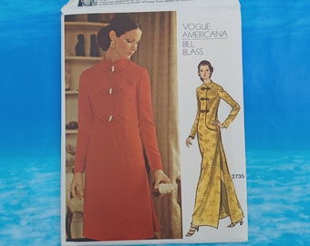 Chic Bill Blass Vogue Americana pattern 2735 Dress with mandarin collar, frog closure, knee length or maxi length w/ side slit, long sleeves