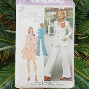 May include: Vintage Simplicity sewing pattern for Young Contemporary Fashion. The pattern envelope features illustrations of women's suits and dresses. The size is 12, with a 34-inch bust. The envelope is white with a green and red design.