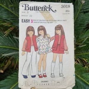 Easy girls&#39; vest, blouse, dress, pants, & skirt vintage 1970s Butterick sewing pattern 3018, adorable long sleeve shirt, mini dress, skirt