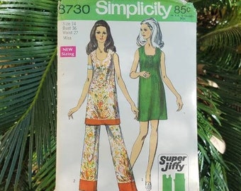 Easy mini dress and pants vintage 1970 Simplicity Super-Jiffy sewing pattern 8730 cute sleeveless scoop neck short dress elastic waist pant