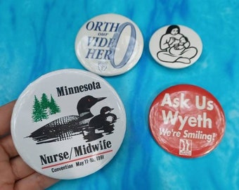 Set of 4 midwife vintage pinback buttons women's health pediatrics brooch, Minnesota Nurse Midwife Convention with common loon, feeding baby
