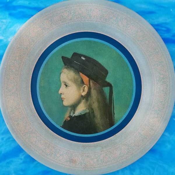 Portrait of a girl Decorative Plate from the painting Alsatian Girl by Jean Jacques Henner metal collectable hanging plate in blue & green