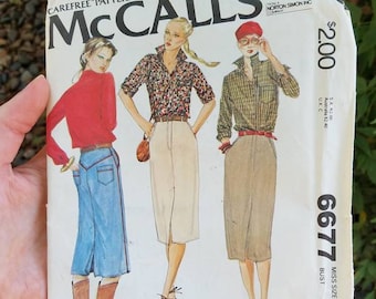 Uncut &#39;79 Chic straight midi skirt w button waistband, vents, collared buttoned down shirt w back yoke Misses McCall&#39;s carefree pattern 6677