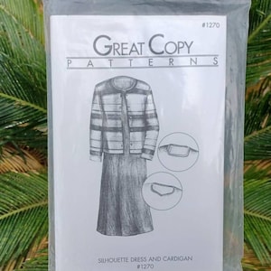 May include: A package containing a sewing pattern for a silhouette dress and cardigan. The pattern, labeled #1270, features a line drawing of the dress and cardigan design. The text "Great Copy Patterns" is printed at the top of the package.