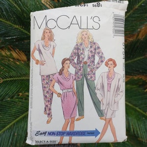 Size 16, 18; 90s chic drop shoulder jacket, short sleeve cowl neck tunic, skirt, soft pleated tapered leg pants sewing pattern McCall&#39;s 5754
